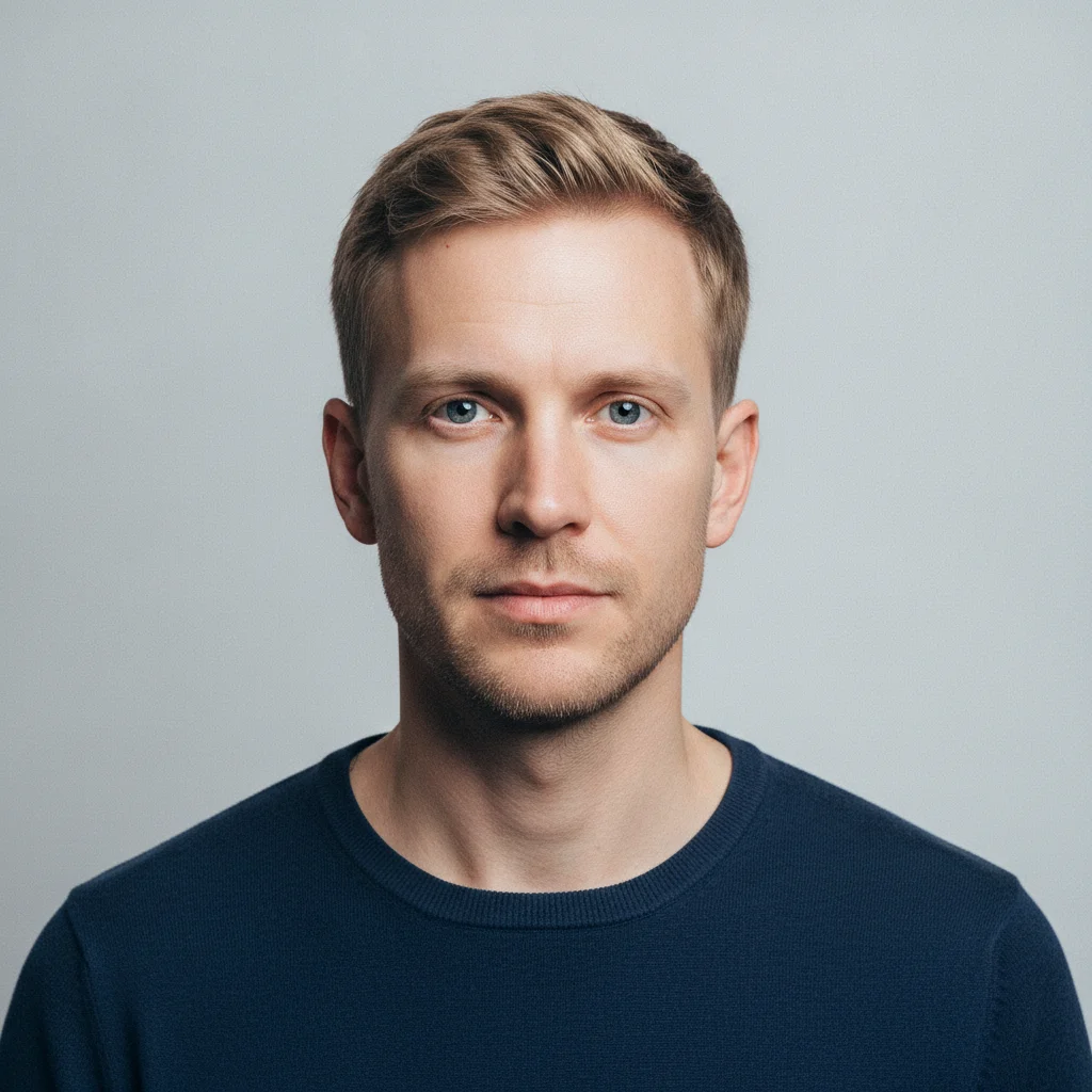 Studio portrait of a second man with sandy-blonde hair, a narrower face and blue eyes