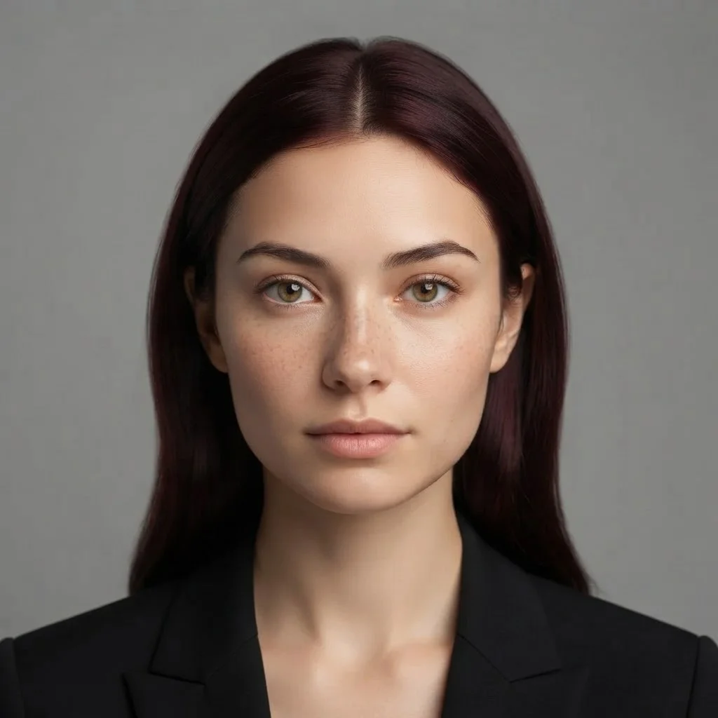 One new portrait blending both women — dark auburn hair, freckles and a face between the two