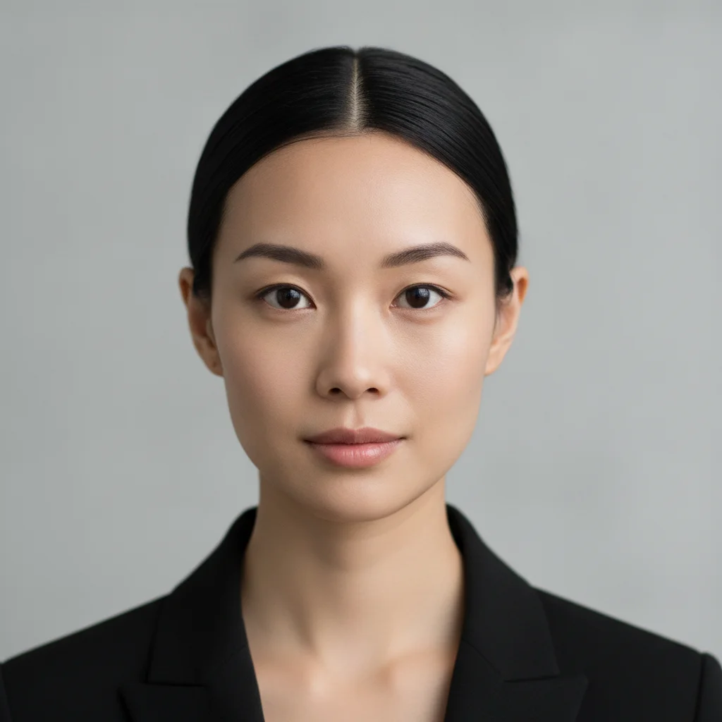 Studio portrait of a woman with straight black hair and a narrow face
