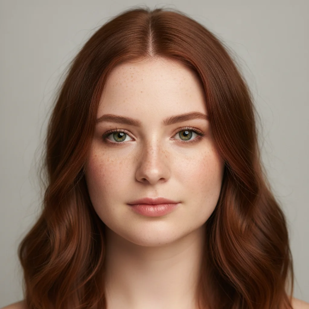 Studio portrait of a second woman with auburn hair, freckles and a rounder face