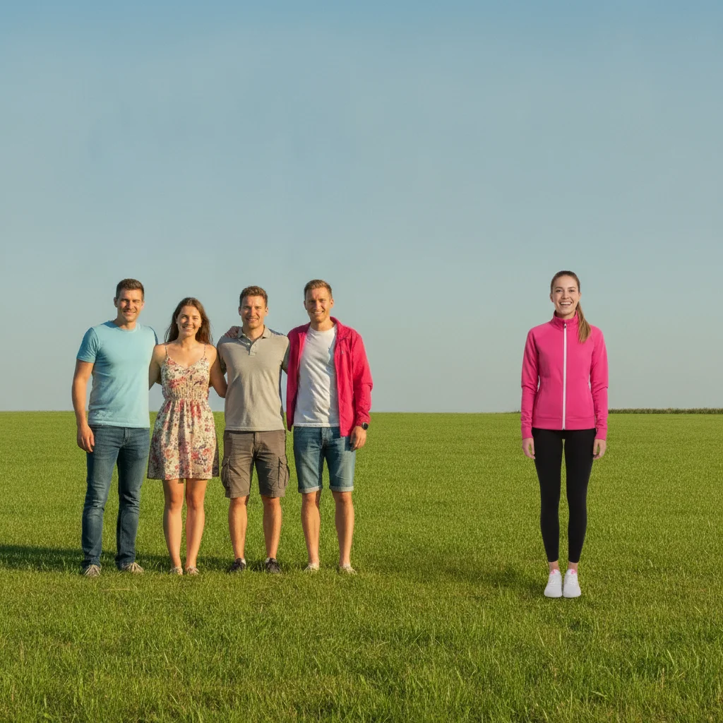 Complete group of five friends together outdoors, photographer now included at the right end