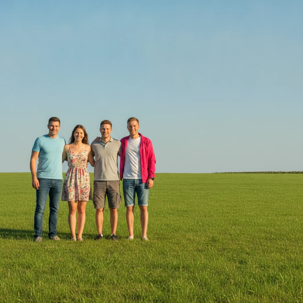 Four friends outdoors with open space at the right, and a woman in a pink jacket alone in a separate photo