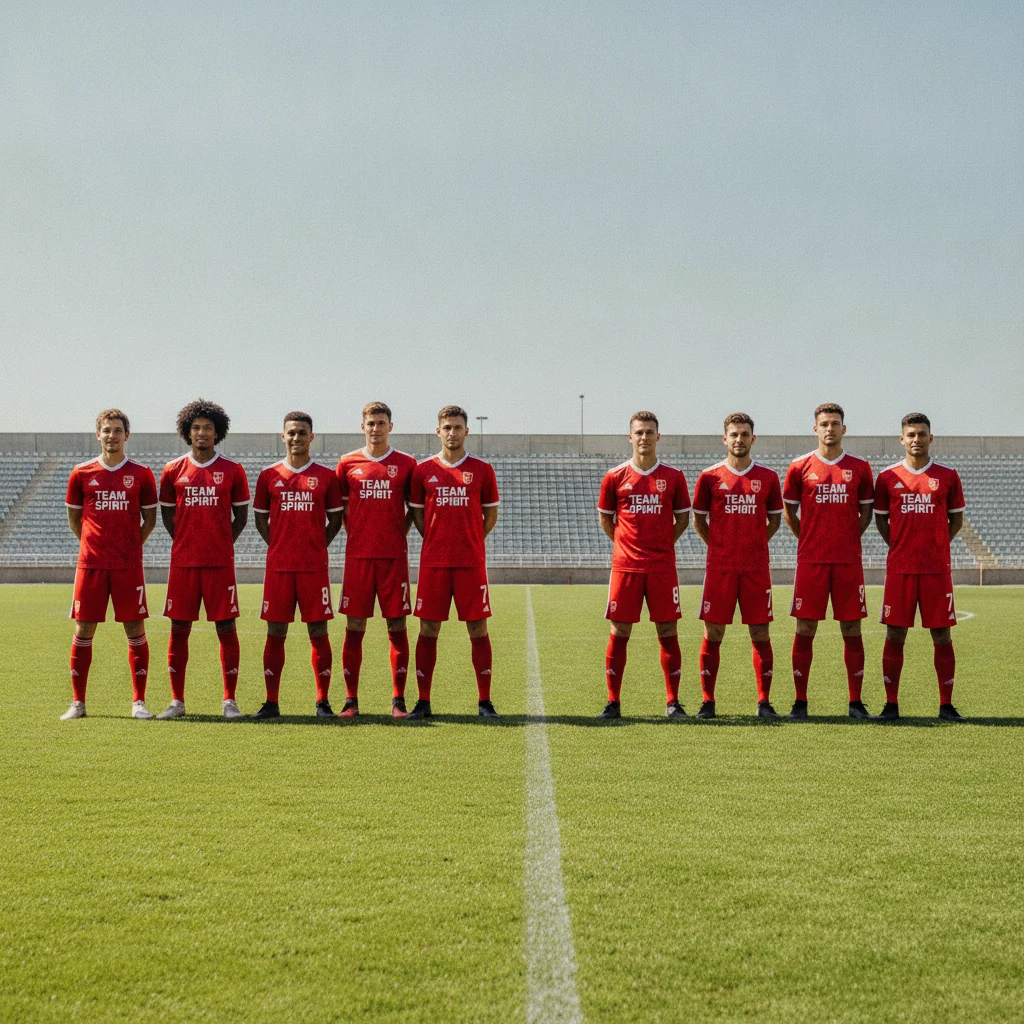 Two separate rows of a sports team in matching red jerseys, photographed at different times