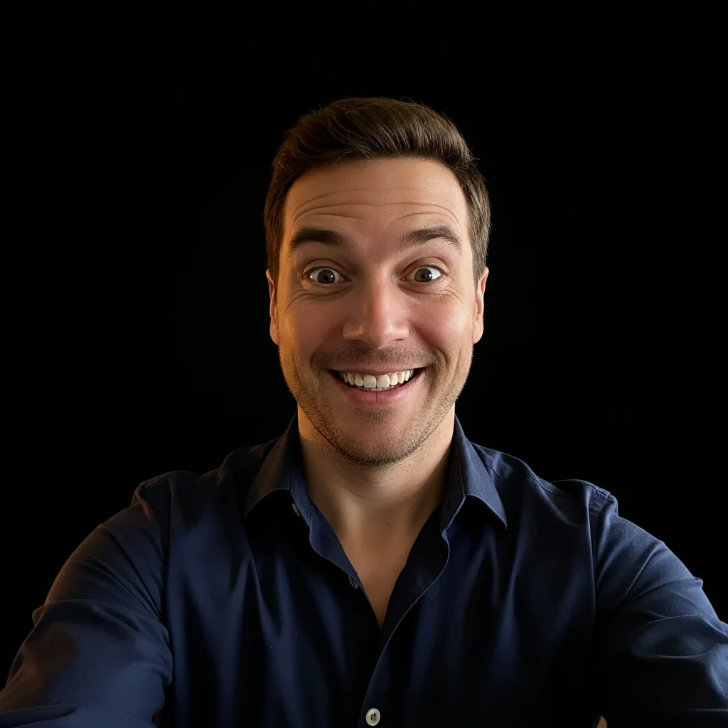 Bold comedian press headshot with dramatic spotlight on black background