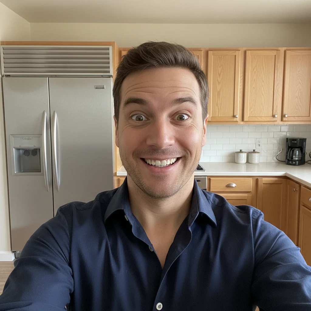 Man with expressive grin taking kitchen selfie with refrigerator and cabinets visible