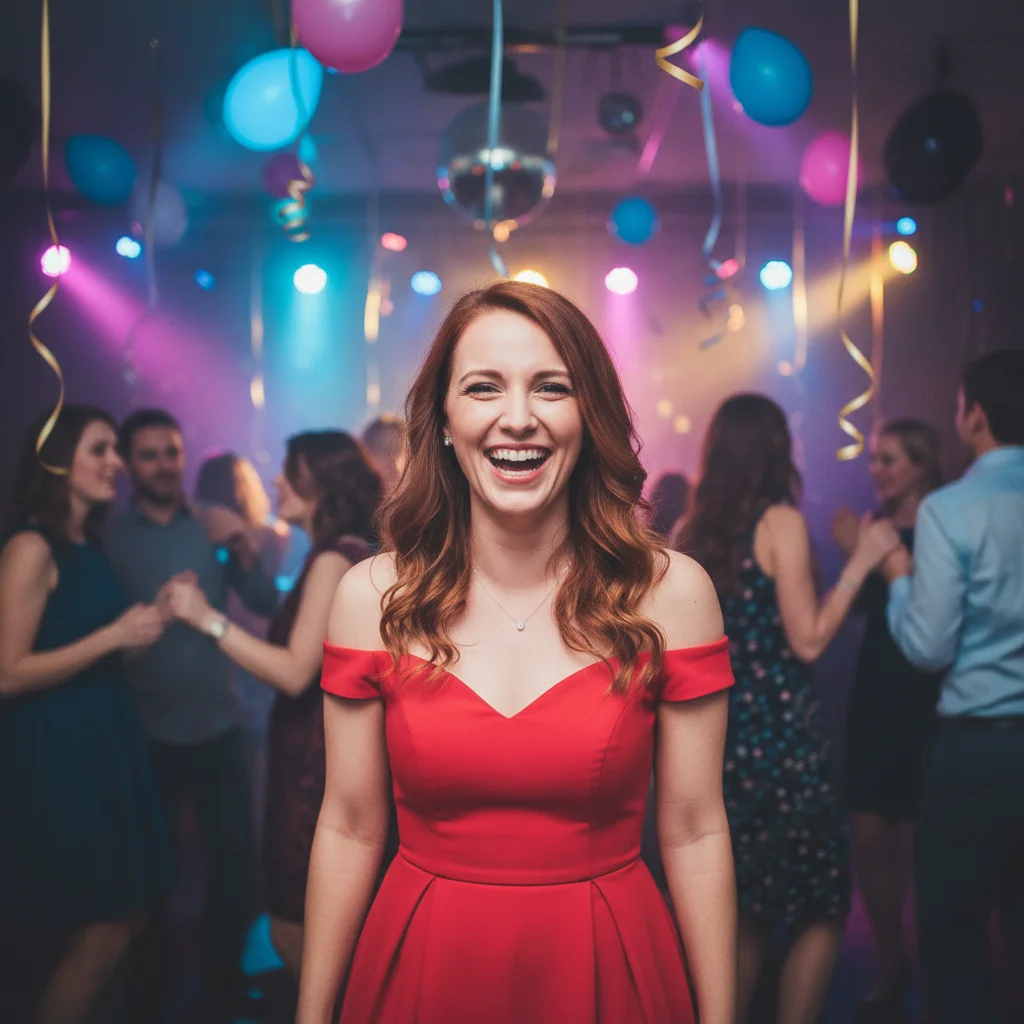 Woman in red dress at party with blurred guests and decorations visible in background