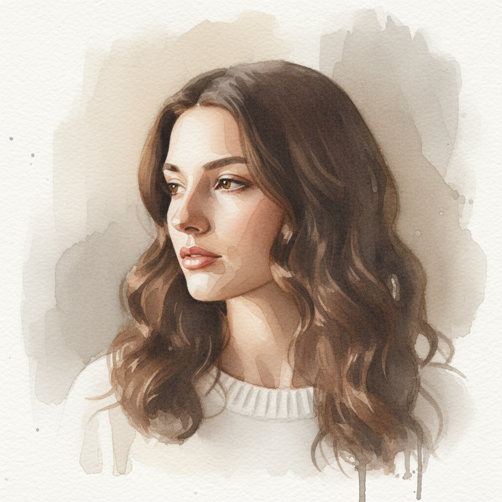 Same portrait as delicate watercolor with soft bleeding edges