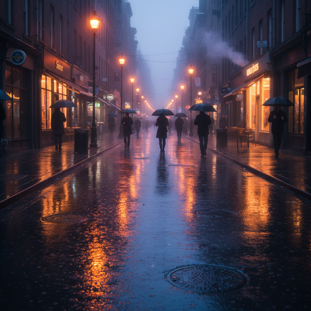 Rainy city street at dusk with reflective wet pavement