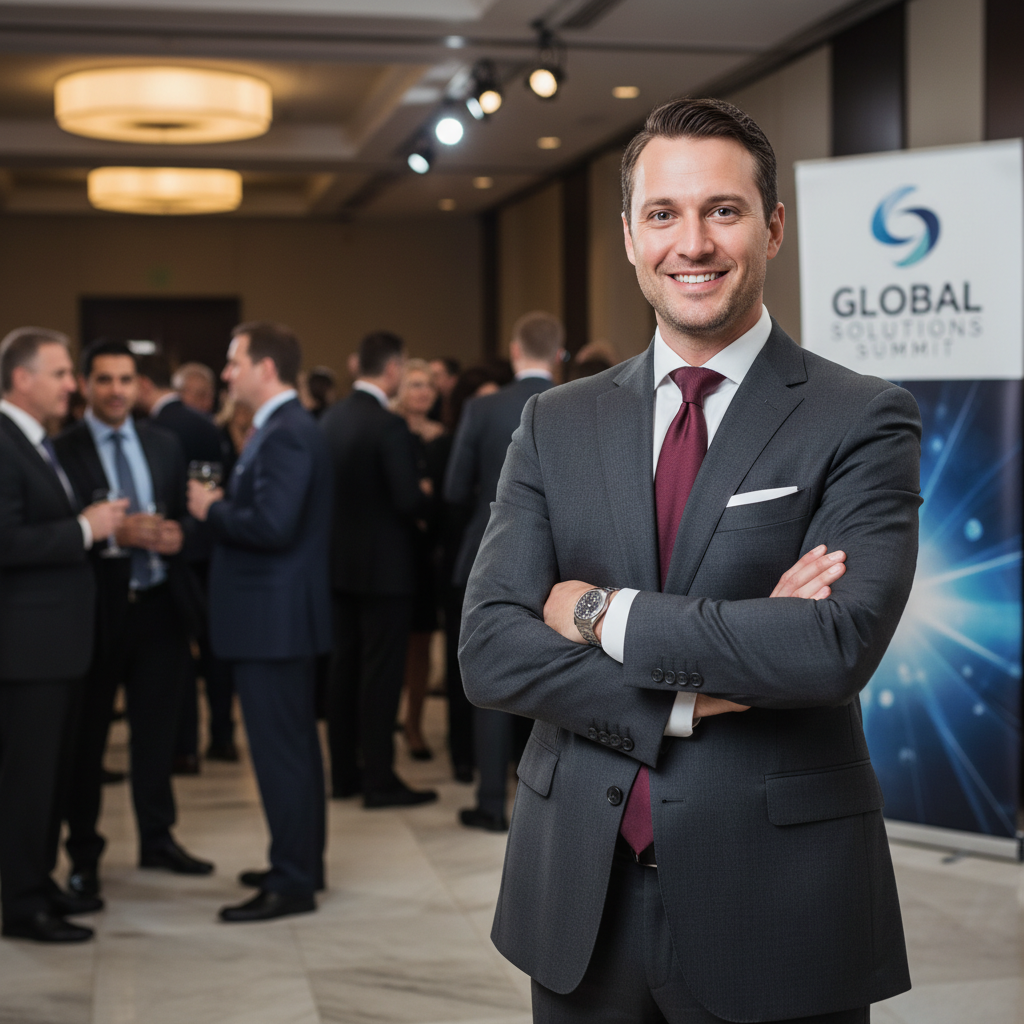 Executive at company event with crowd and banner visible behind