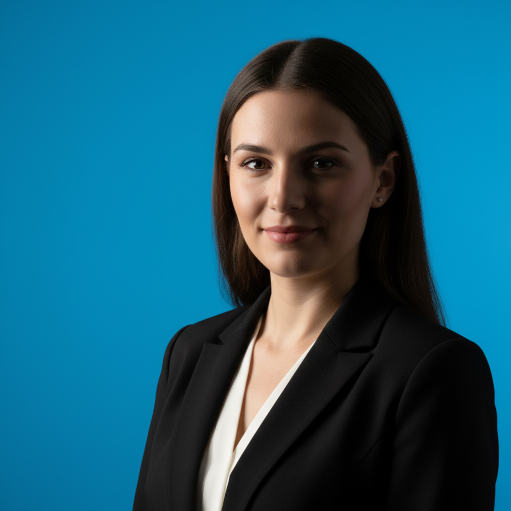 Employee from acquired company with different blue backdrop style