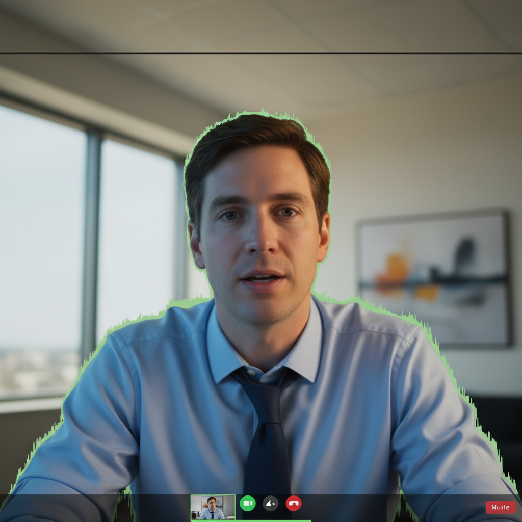 Video call screenshot with virtual background artifacts and webcam quality