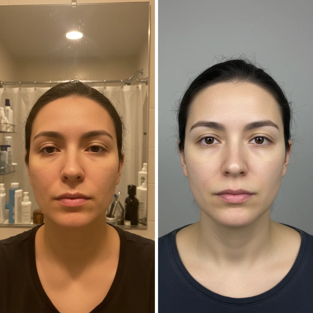 Laser treatment photos with mismatched home vs clinic quality