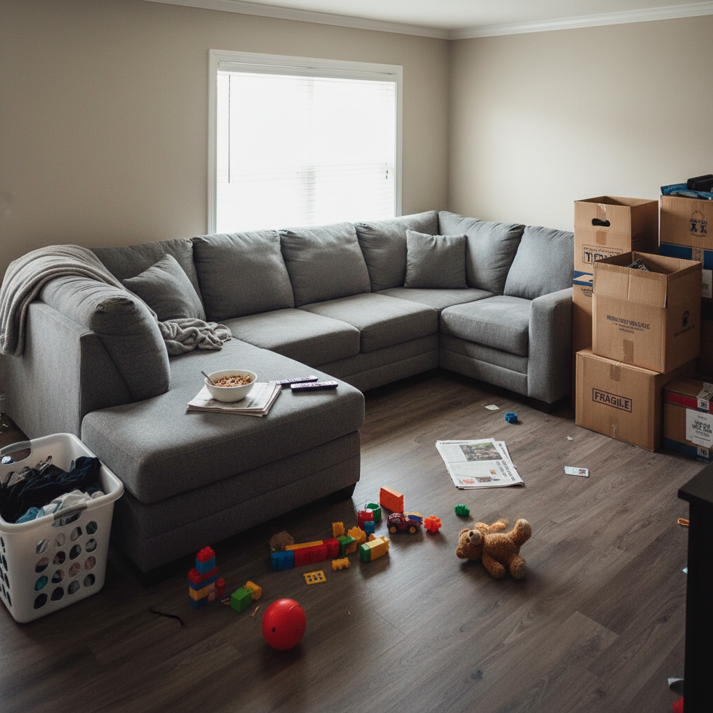 Gray sectional couch in cluttered room with boxes and toys