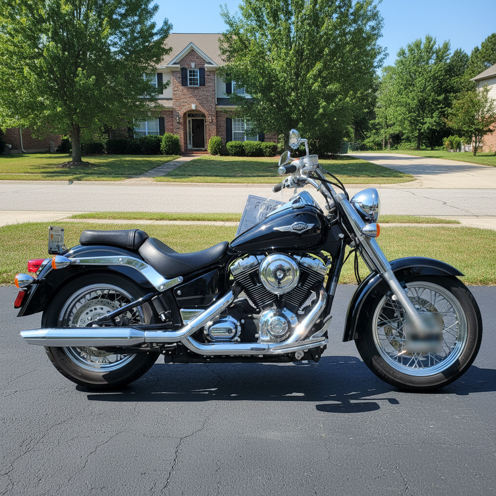 Motorcycle in driveway with clearly readable license plate