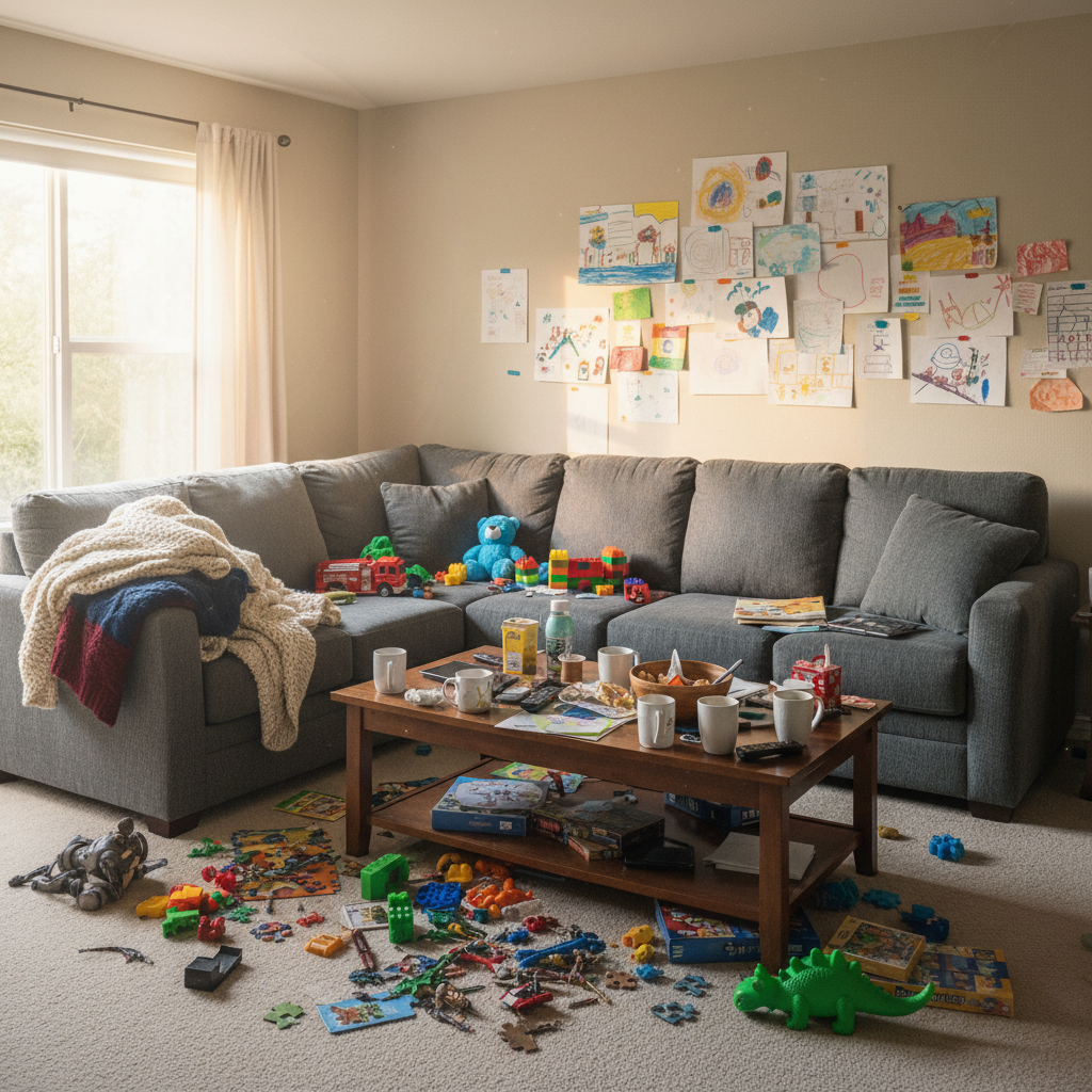 Same gray sectional in clean, bright living room showing actual condition