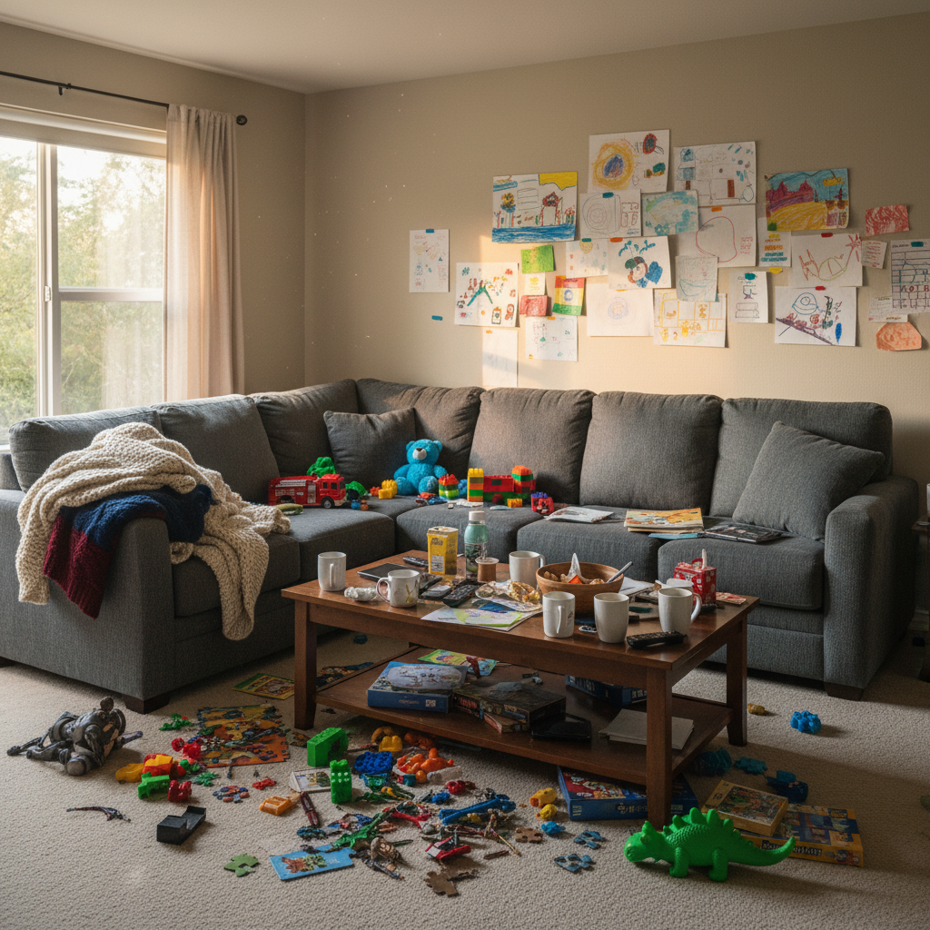 Gray sectional couch surrounded by toys and clutter in messy living room