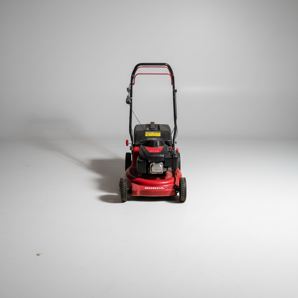 Same lawn mower on clean surface with bright lighting showing maintained condition