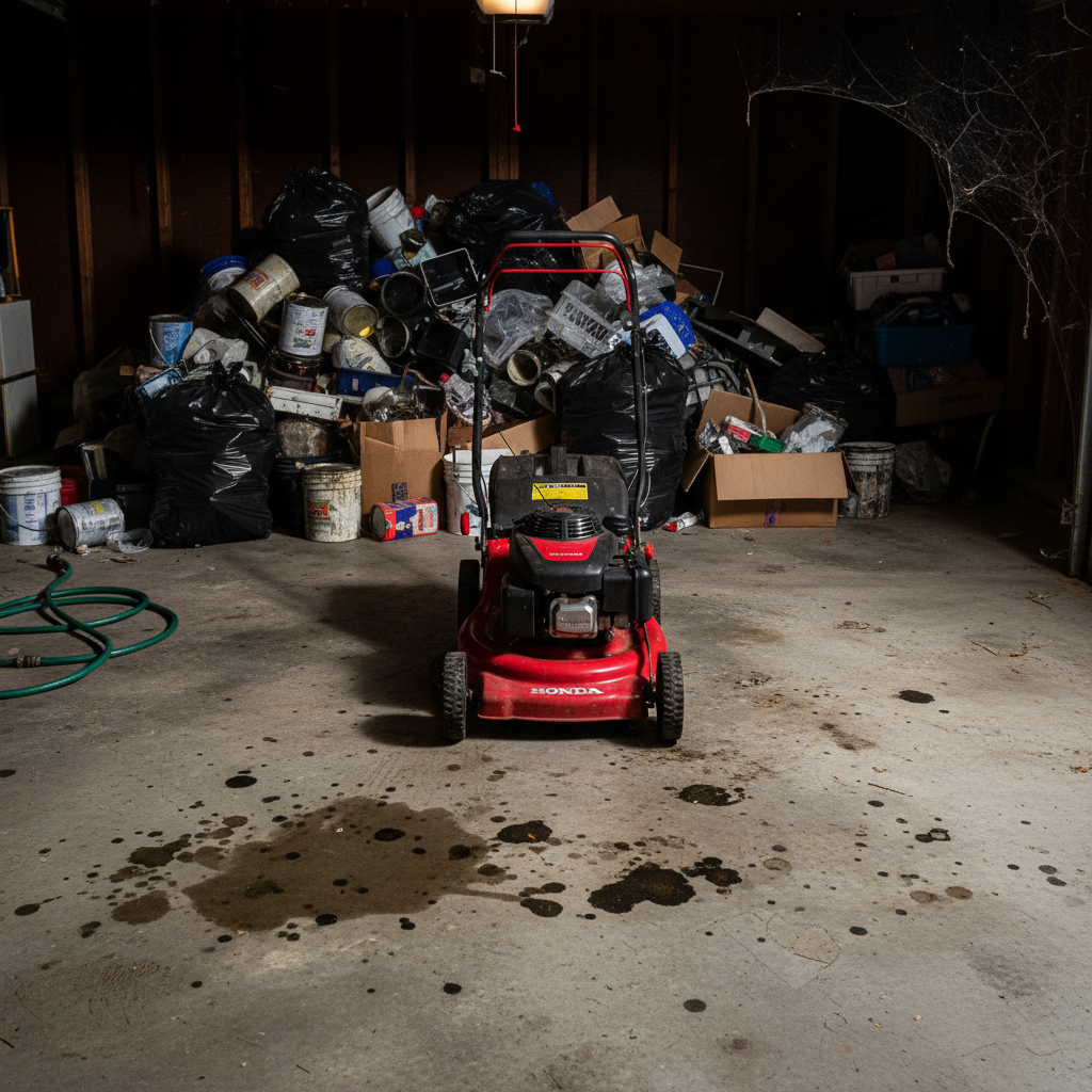 Honda lawn mower on stained garage floor with junk pile behind
