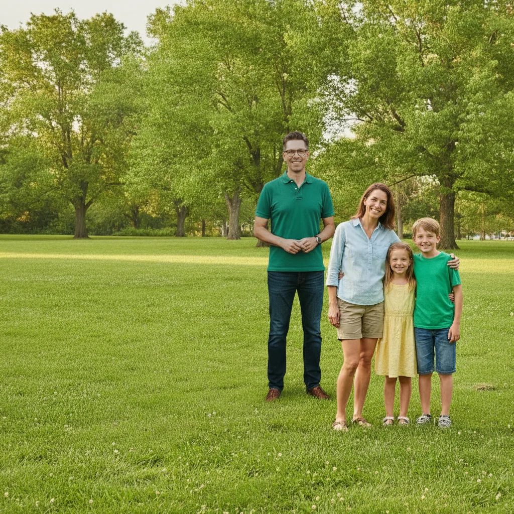 Same outdoor scene with the father added on the left to complete the family montage