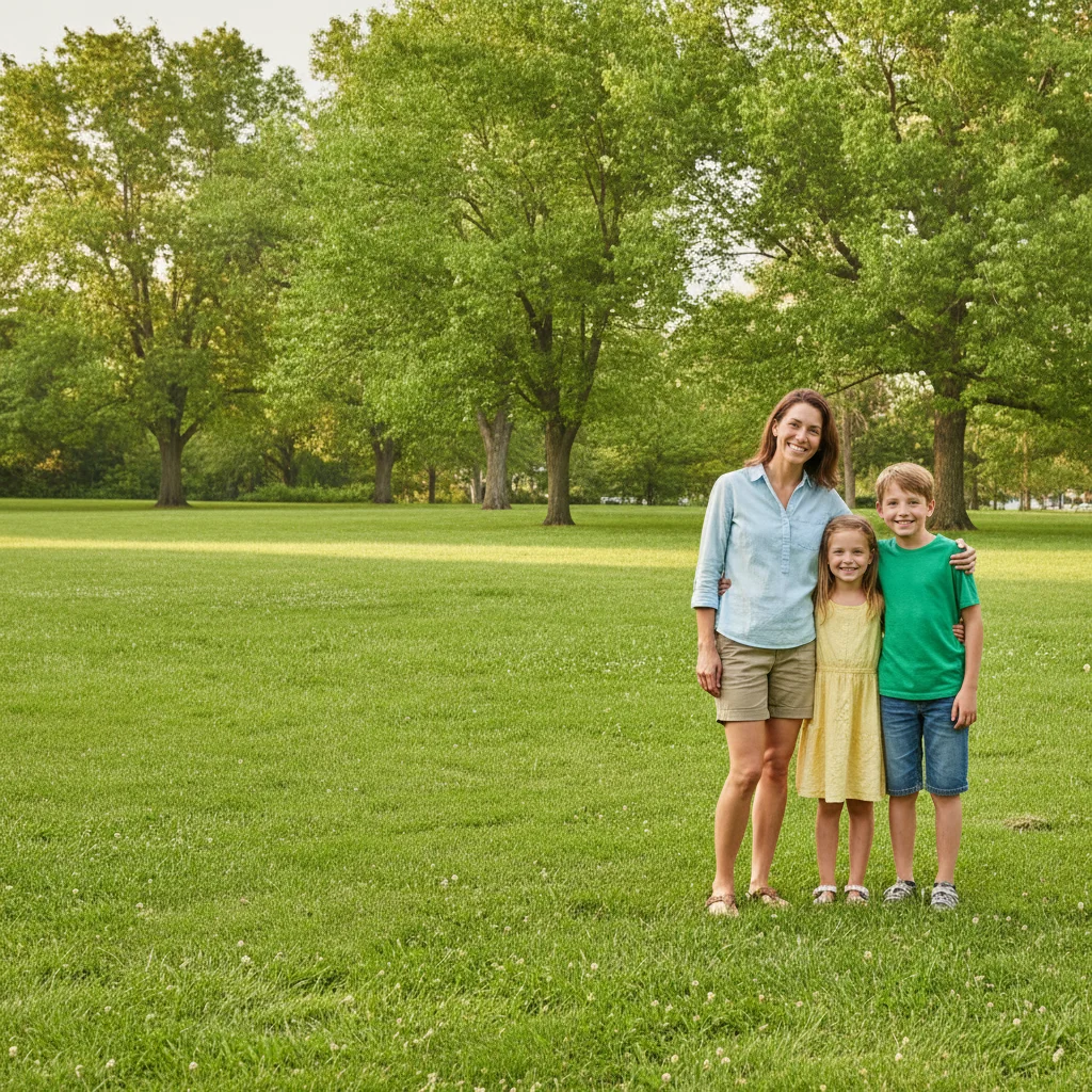 Woman with two children in a sunny park, father not in the frame