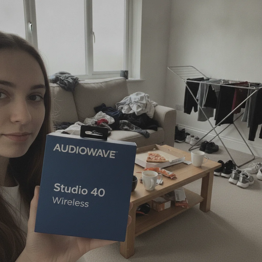 Creator holding a headphones box in a living room buried in laundry and takeaway boxes under flat grey light