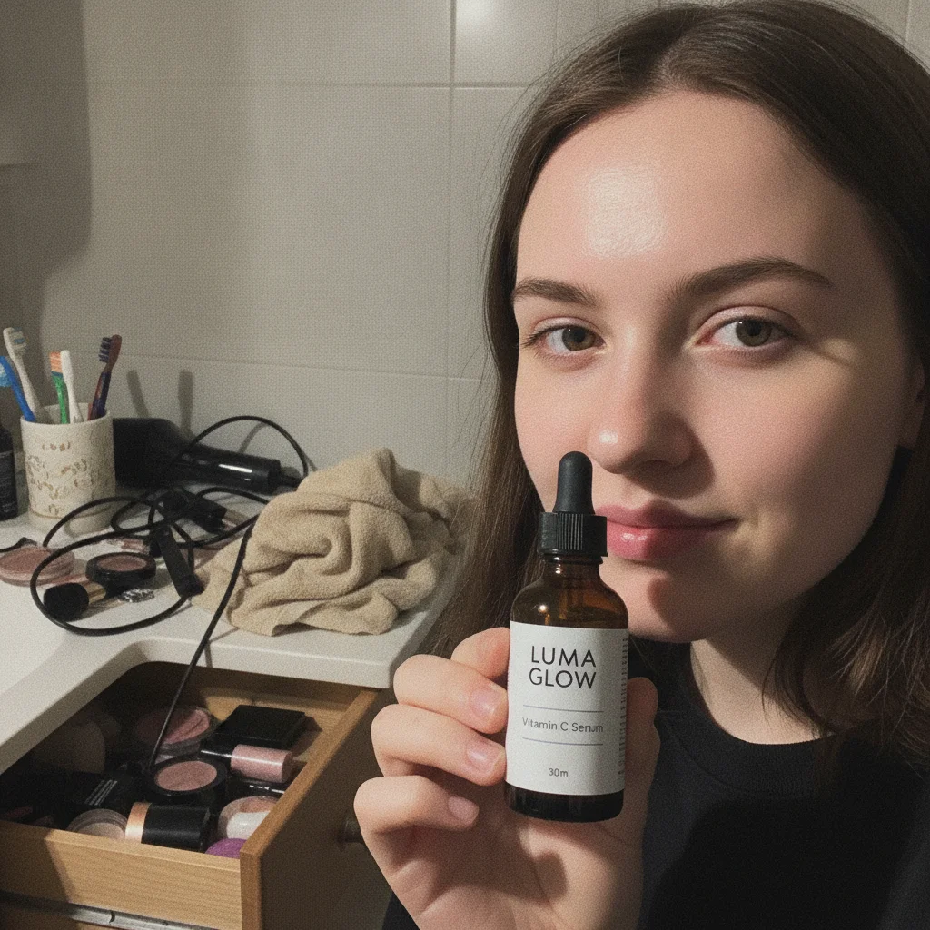Creator holding a serum bottle in front of a cluttered bathroom counter under harsh phone flash