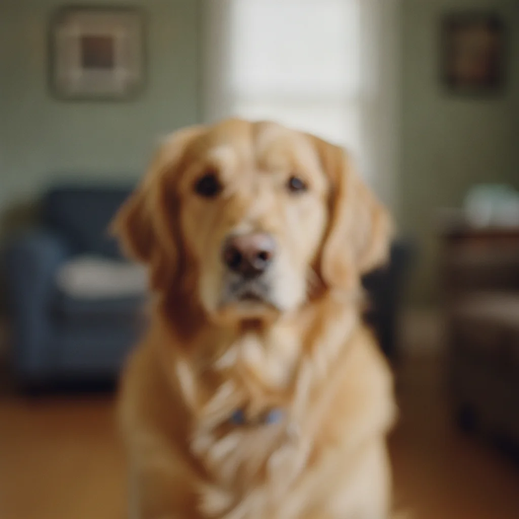 Heavily out-of-focus, blurred photo of a golden retriever indoors