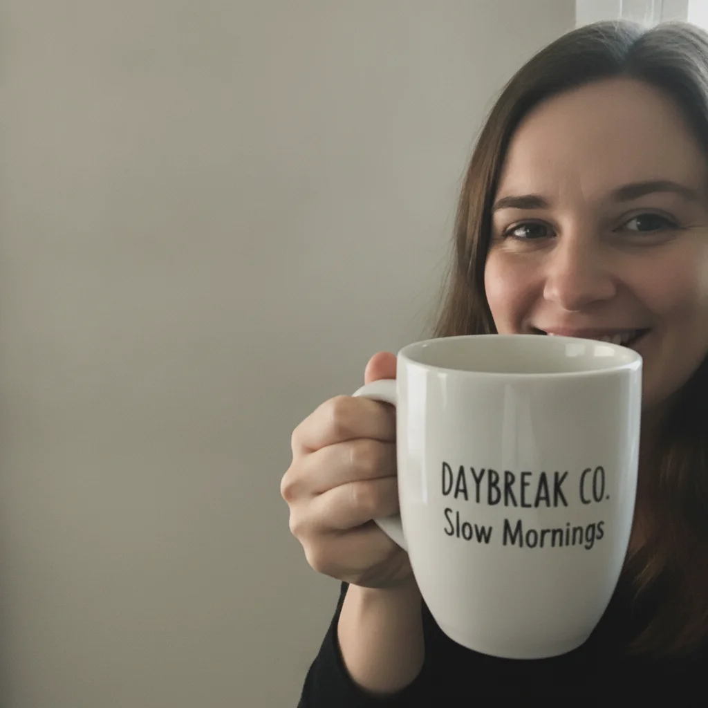 The same woman and mug on a plain backdrop in neutral light with the desk cleared