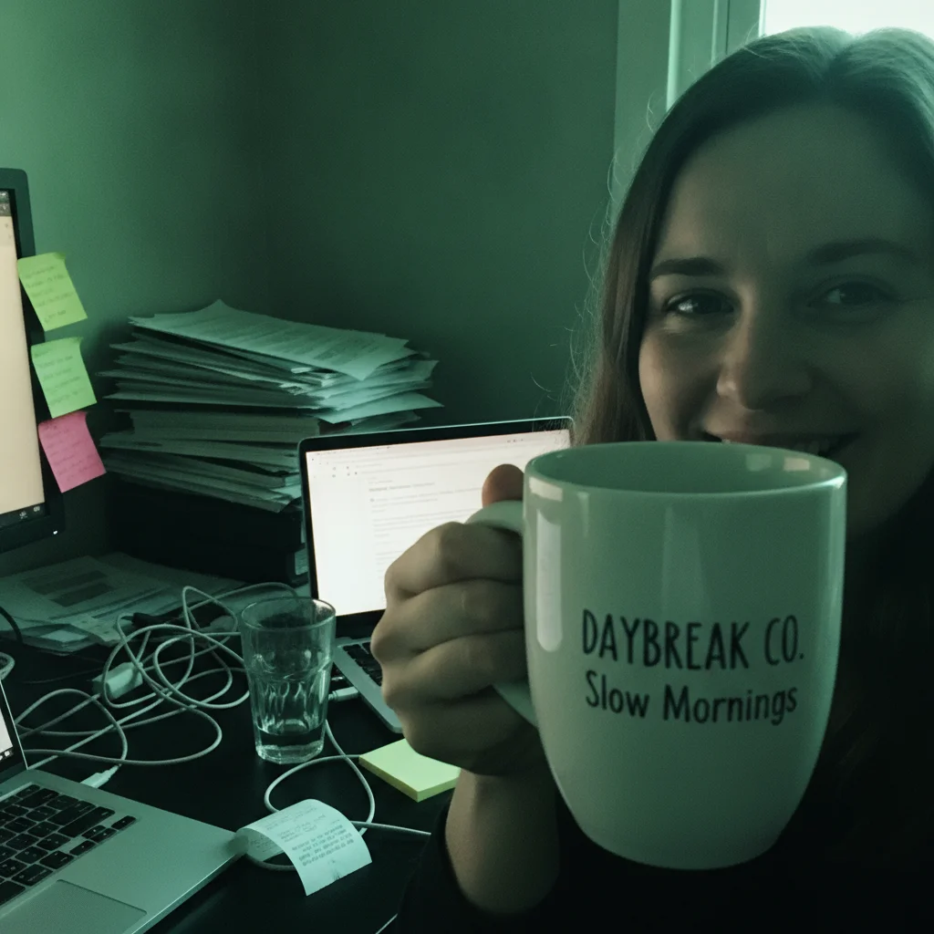 Woman holding a ceramic mug in front of a cluttered desk piled with paper, cables and sticky notes under a green cast
