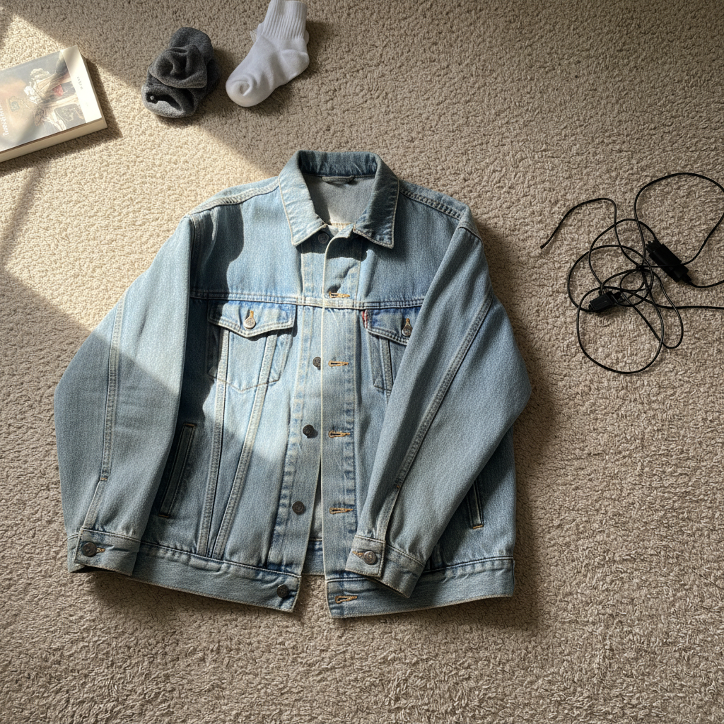 Same vintage denim jacket on clean white aesthetic background