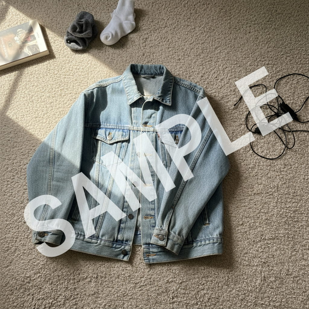 Vintage denim jacket on messy bedroom carpet with clutter