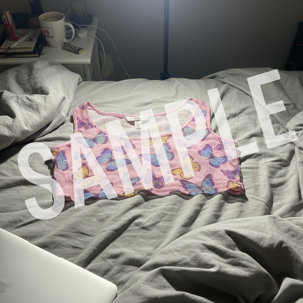 Y2K mesh top on messy bed with bedroom clutter visible