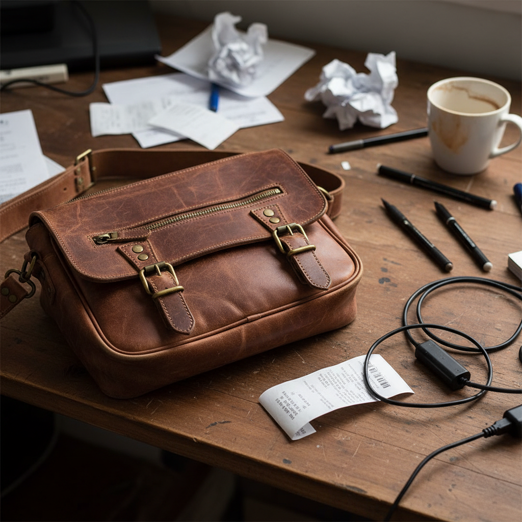 Same leather bag on cream background with enhanced patina detail