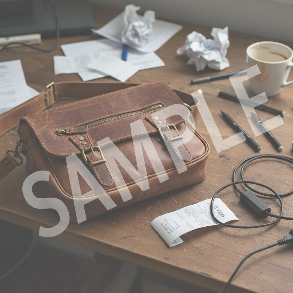 Vintage leather bag on cluttered desk with papers and items