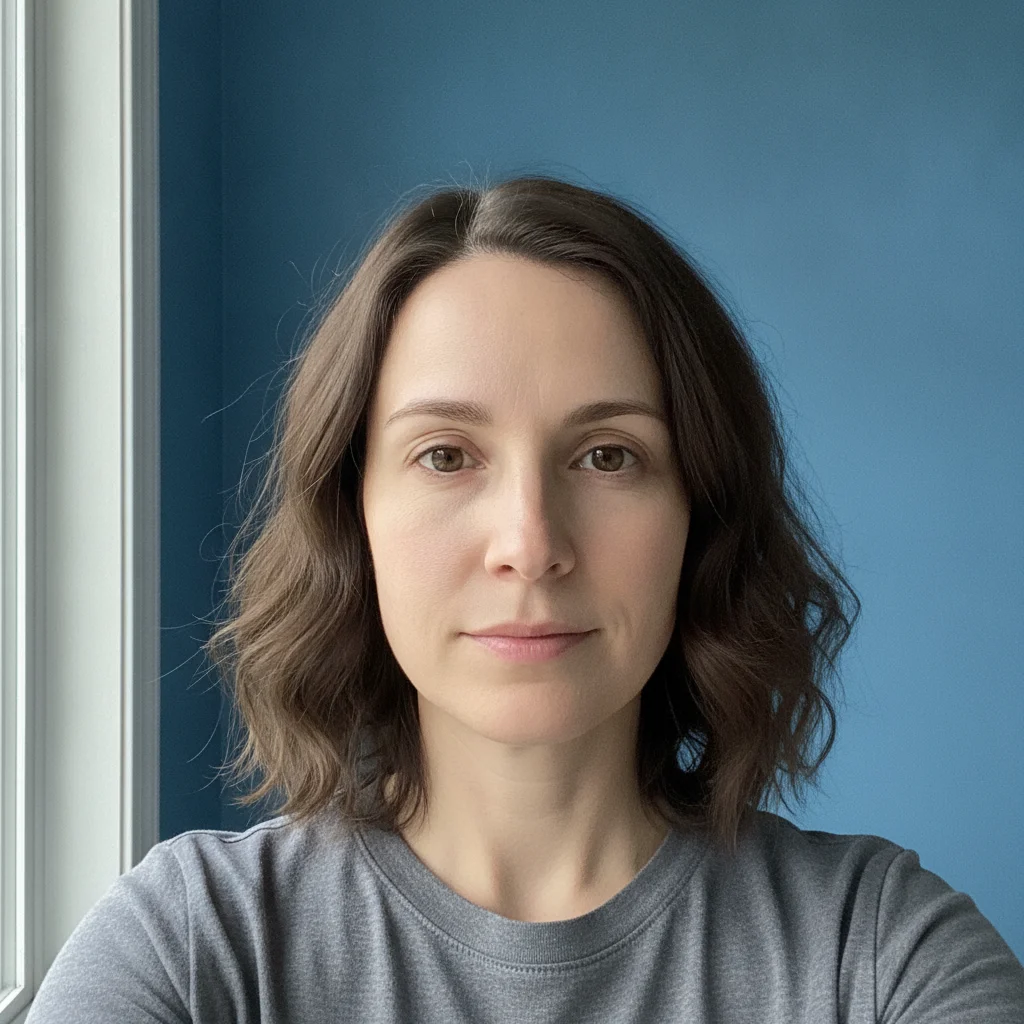 Selfie of woman with brown hair against blue painted wall, slight wide angle, natural window light