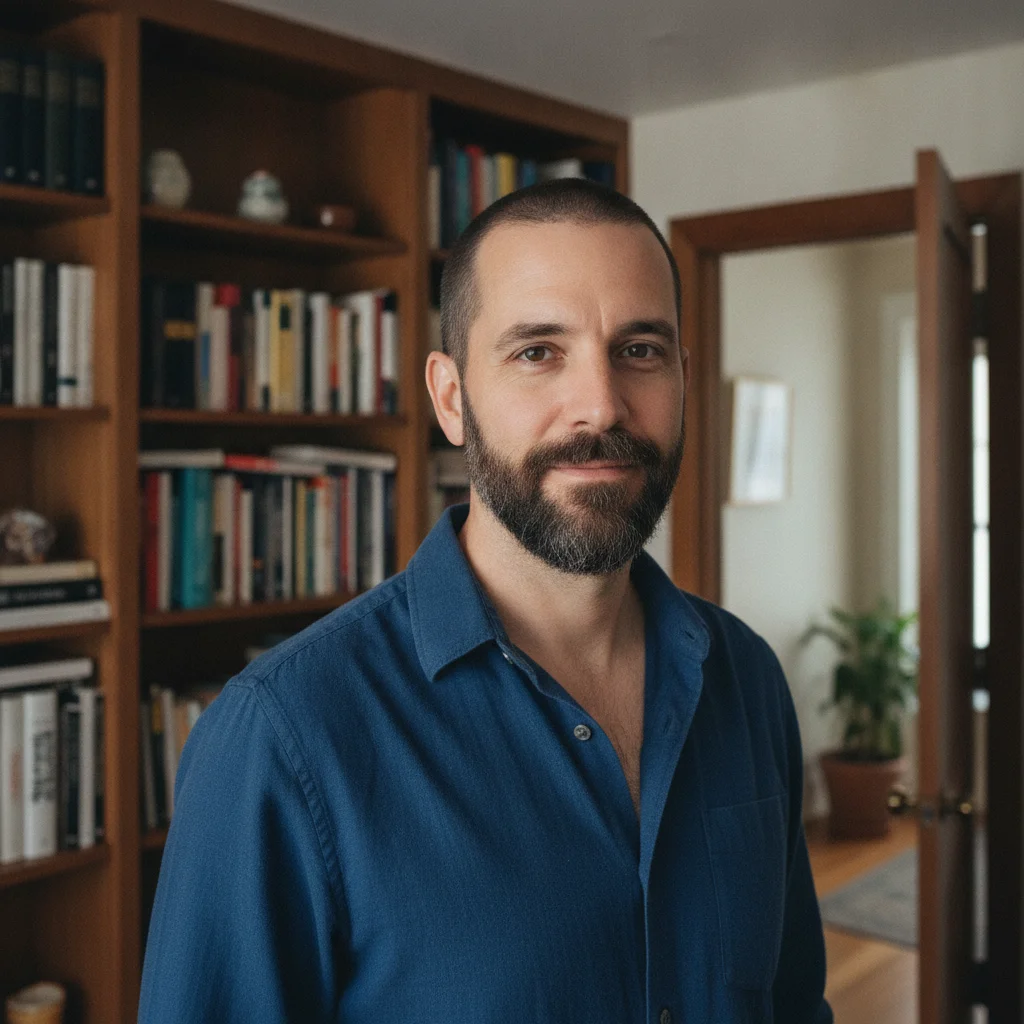 Portrait of bearded man in blue shirt with bookshelves and doorway in background