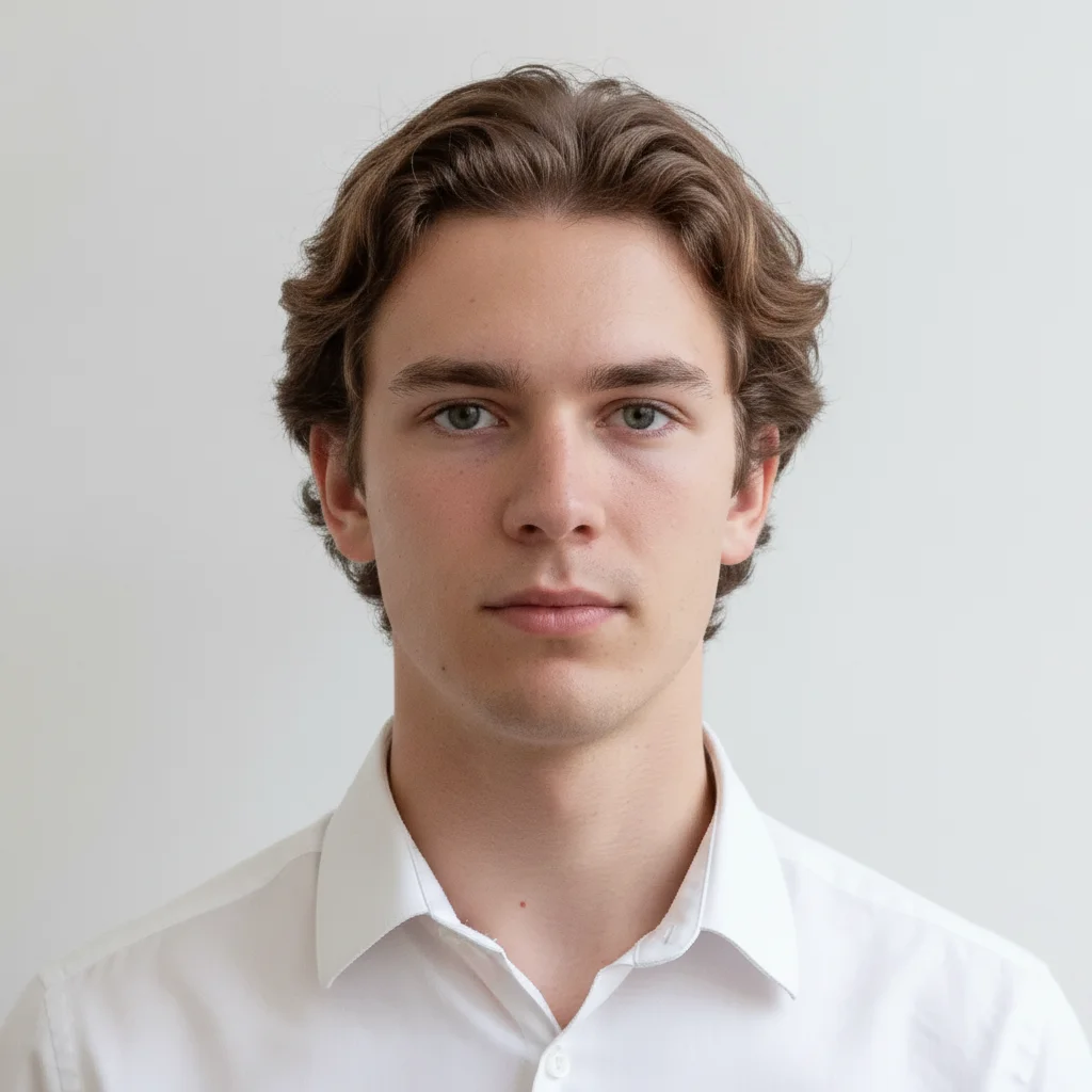 Corrected US passport photo with head properly centered in square crop, off-white background retained, face in correct position