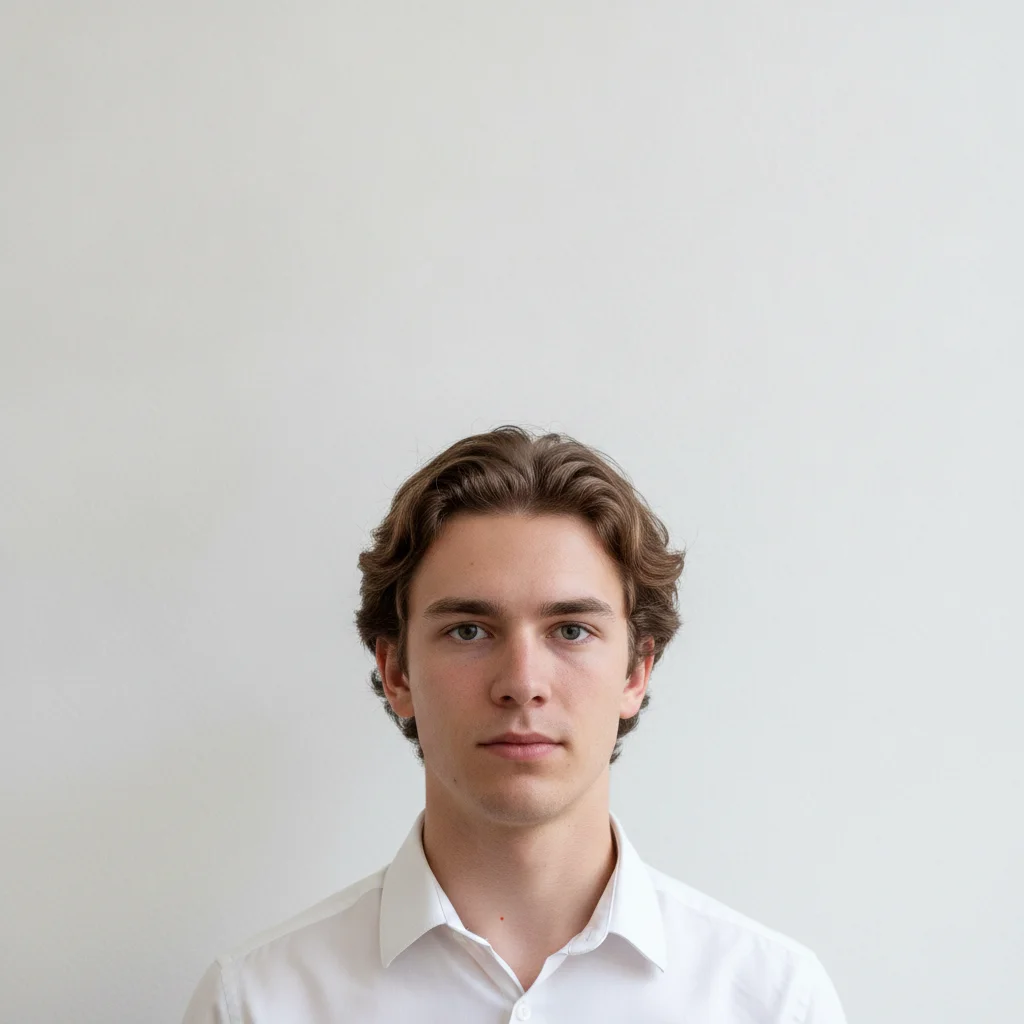 Portrait of young man in white shirt against off-white wall, head positioned too low and slightly left of center