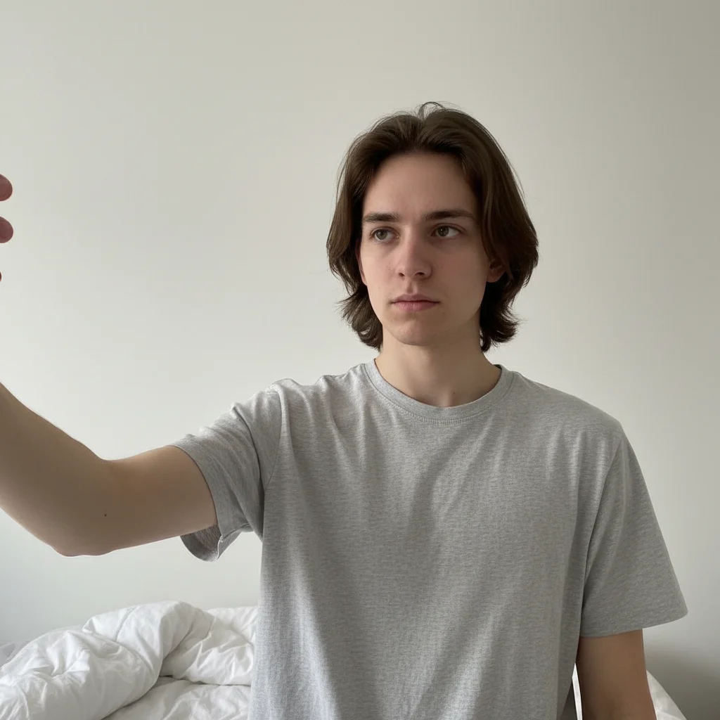 Casual selfie with plain background and neutral expression