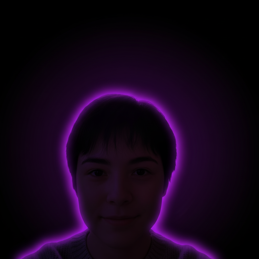 Same selfie with dark gradient and neon purple glow effect