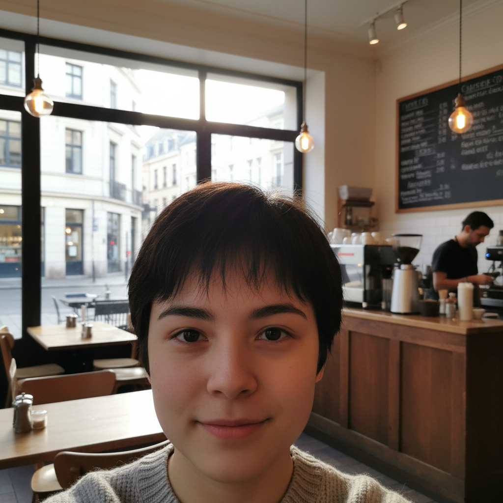 Casual selfie with plain beige wall background