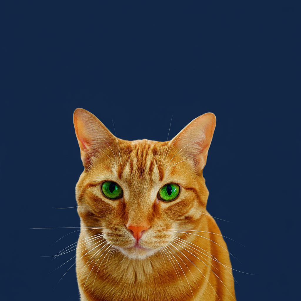 Same cat with solid dark blue background and vibrant colors