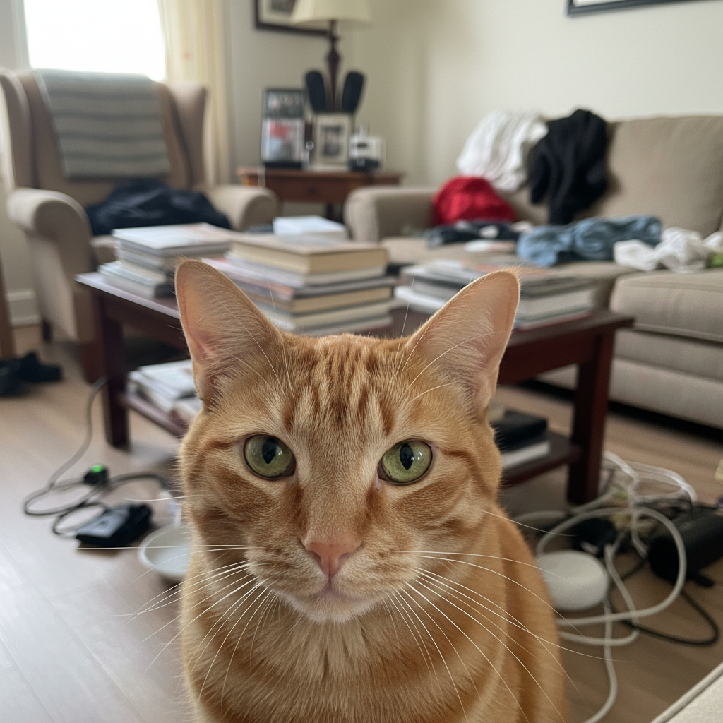 Orange tabby cat with messy living room background