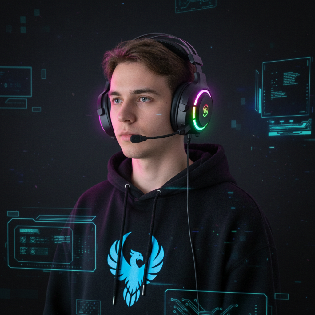 Same person with RGB lighting effects and dark gaming aesthetic