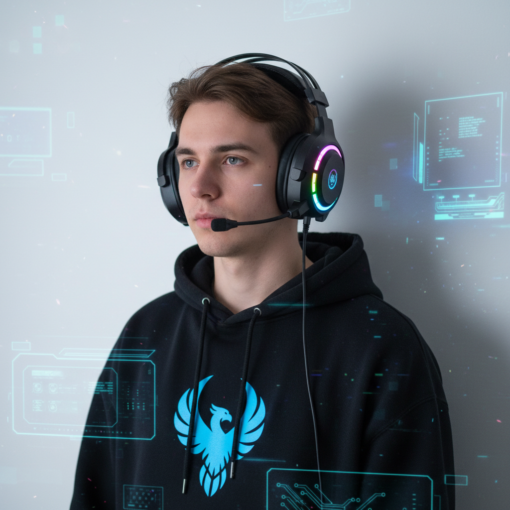 Person with gaming headphones against white wall
