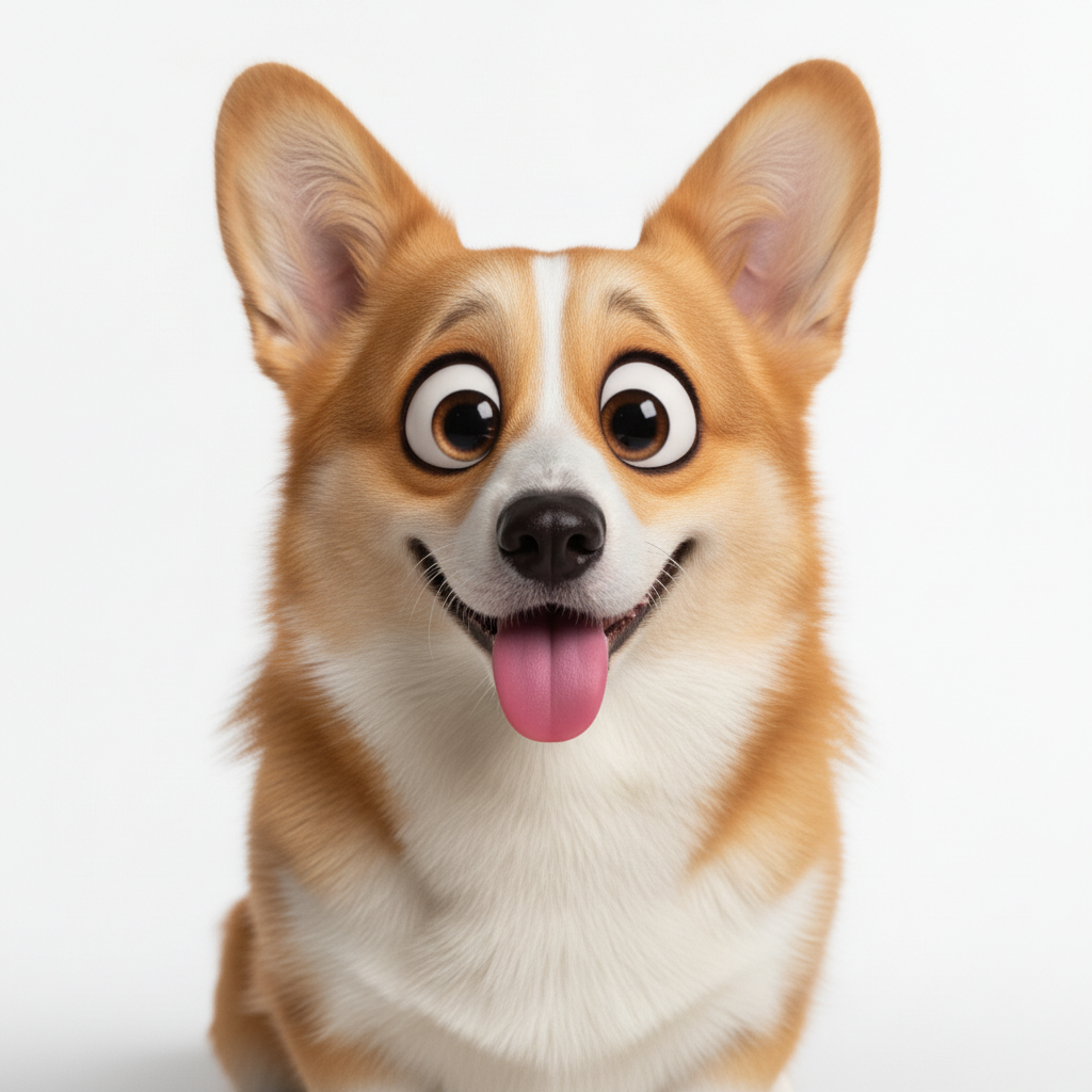 Same corgi as Pixar animated movie character with expressive eyes