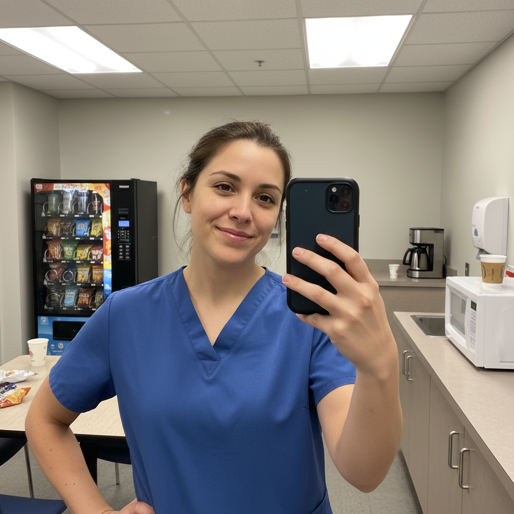 Female doctor selfie in hospital break room with vending machine visible