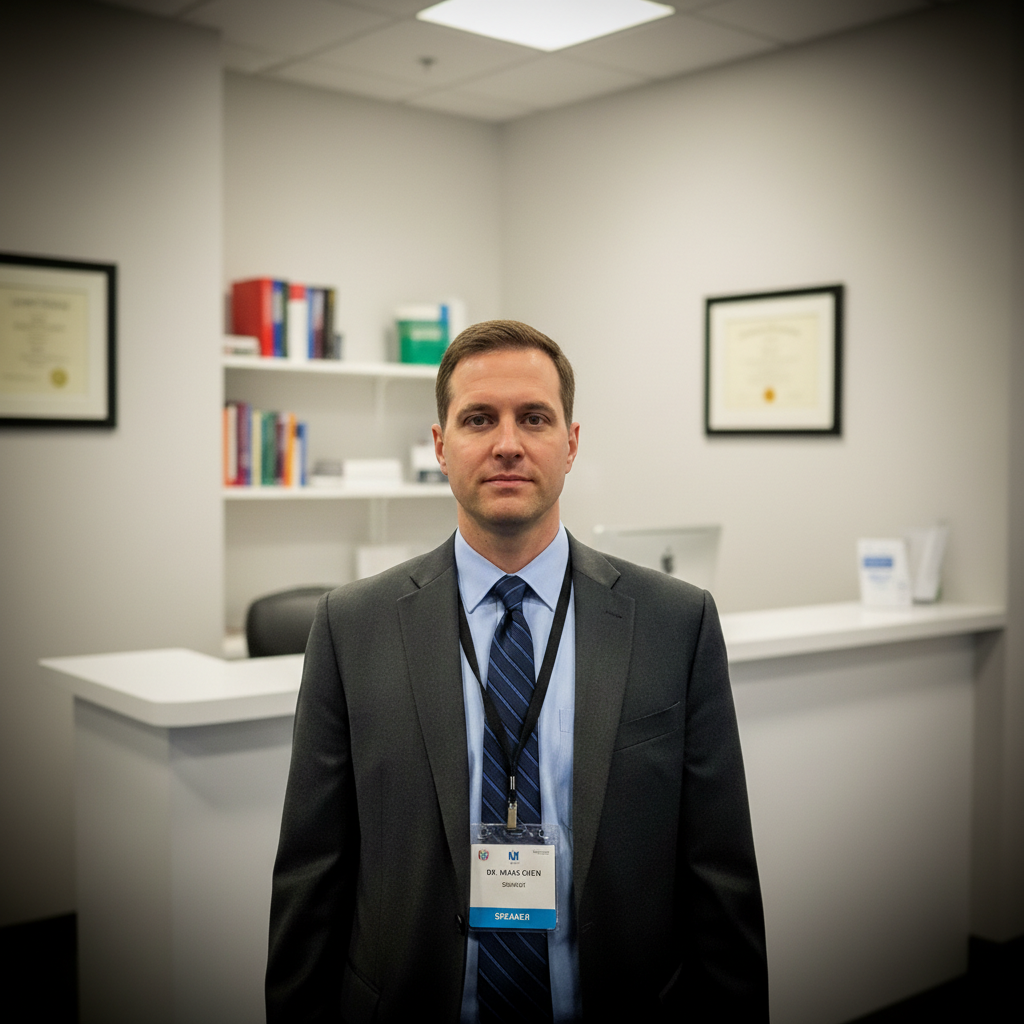 Clean professional headshot with medical office background