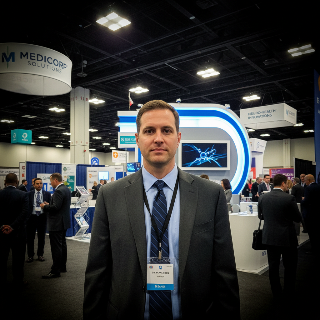 Doctor at medical conference with expo hall and banners in background