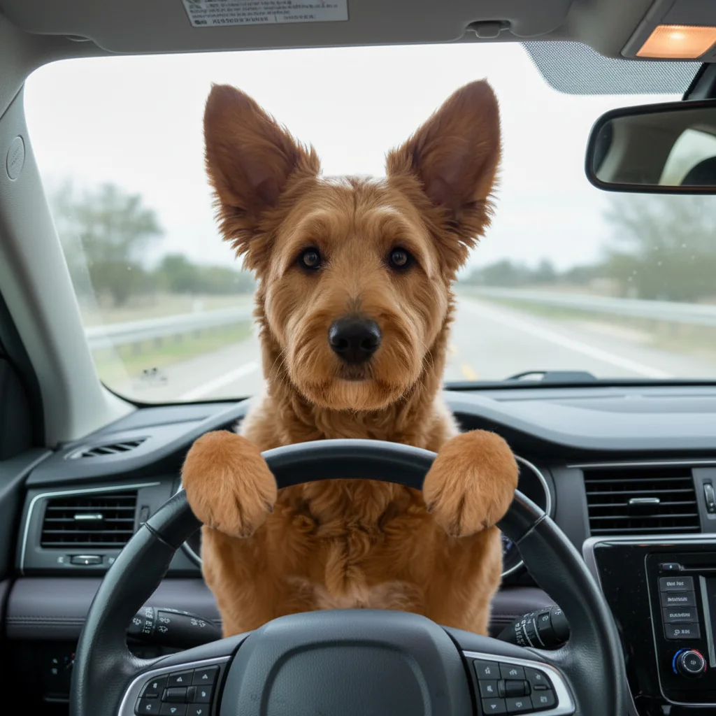 Same dog placed behind the wheel of a car, looking like a determined driver